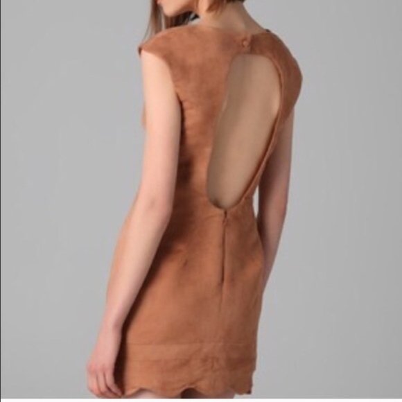 Finders Keepers | Size 12 | Faux Suede Tan Dress Exposed Back Scallop Hem Zip - Picture 3 of 11